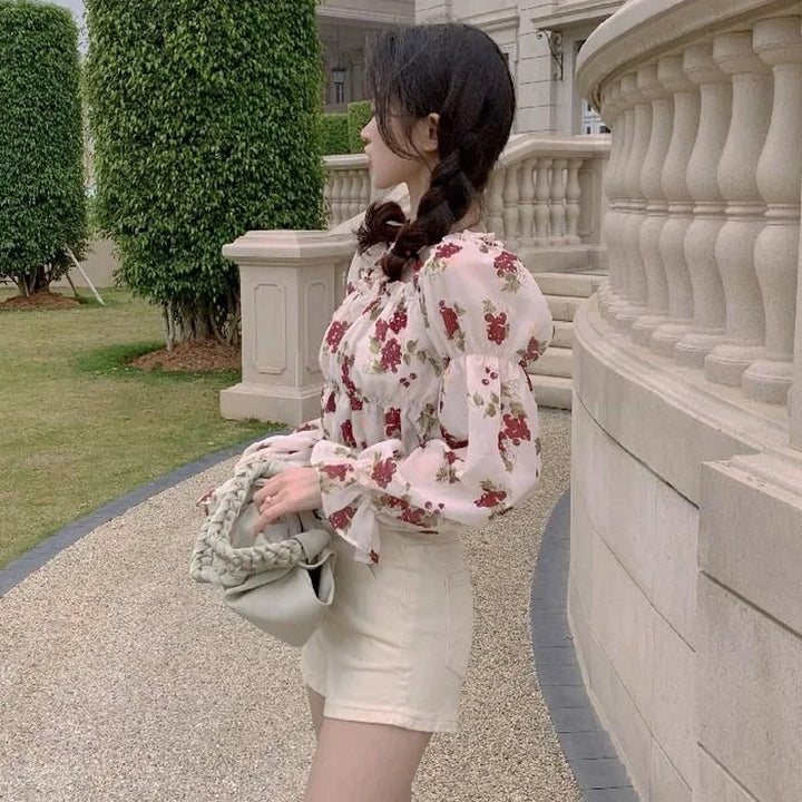 Floral Pattern Gathered Blouse With A Carmen-Décolleté