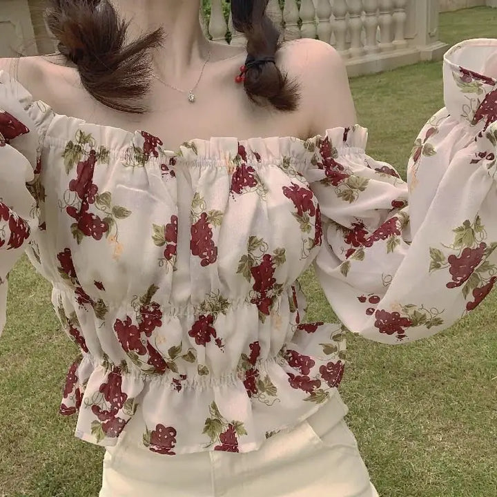 Floral Pattern Gathered Blouse With A Carmen-Décolleté