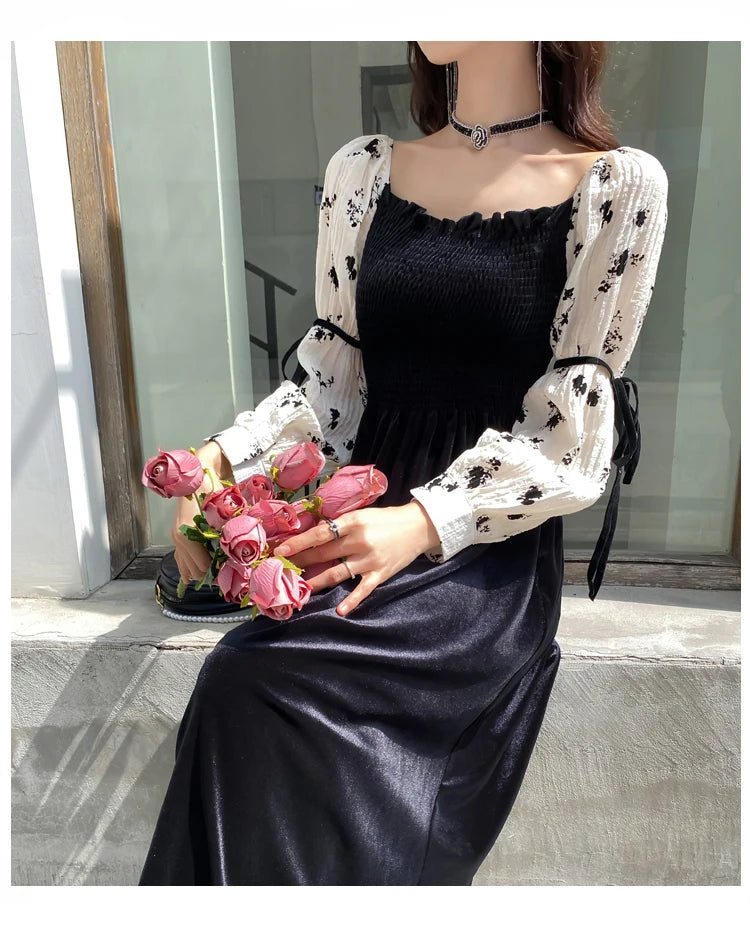 Velvet Patchwork Floral Off Shoulder Midi Dress