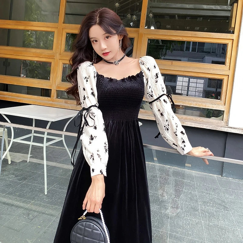 Velvet Patchwork Floral Off Shoulder Midi Dress