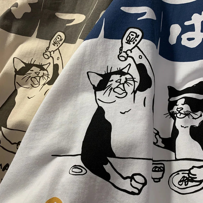 Oversized T-Shirt With Drinking Cats