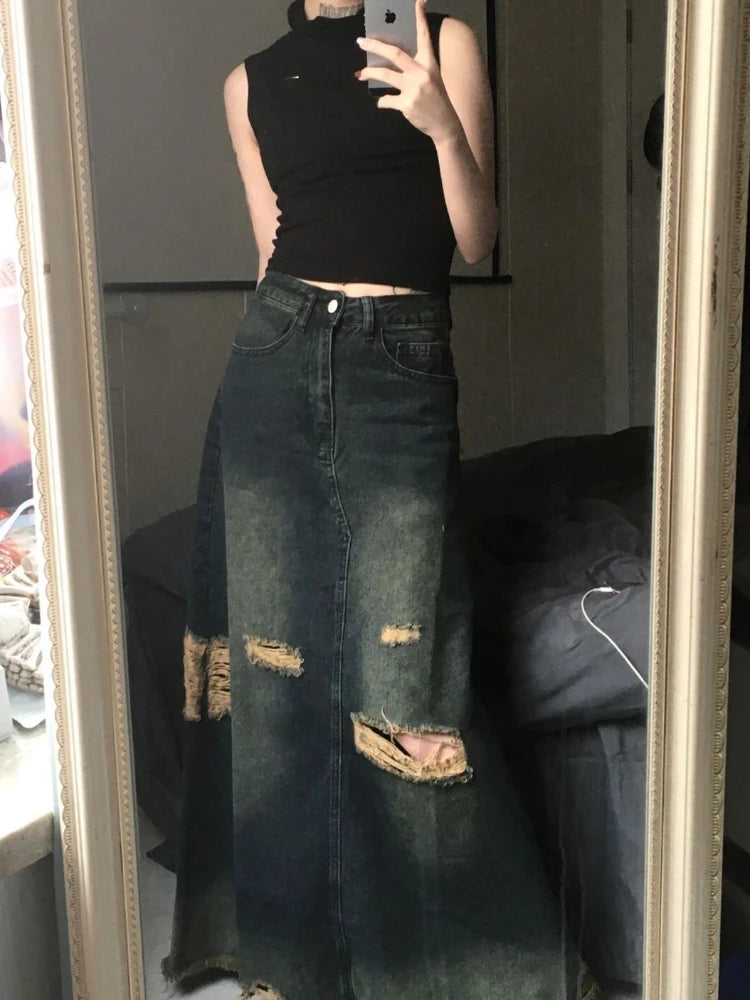 Ripped-Look Wide Long Jeans-Skirt