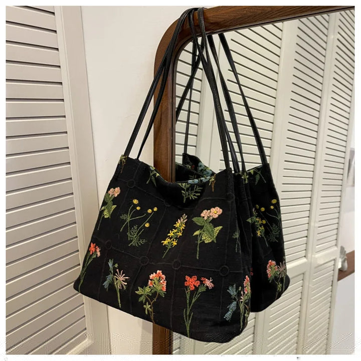 Flower Embroidered Tote Bag