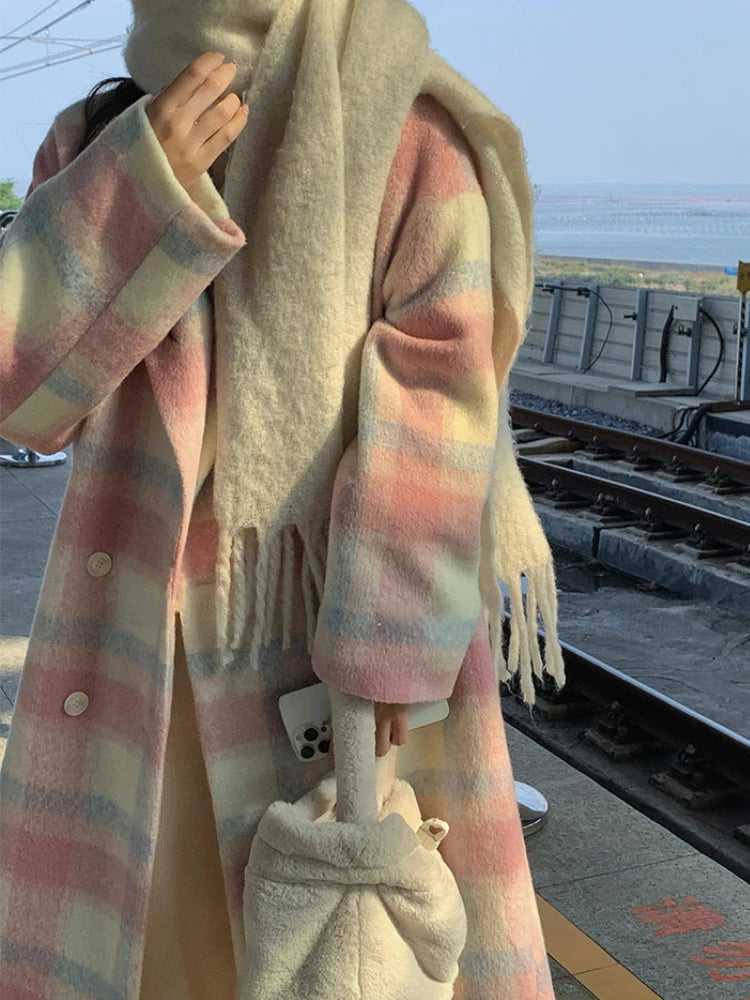 Cozy And Long Woollen Rainbow Colored Coat