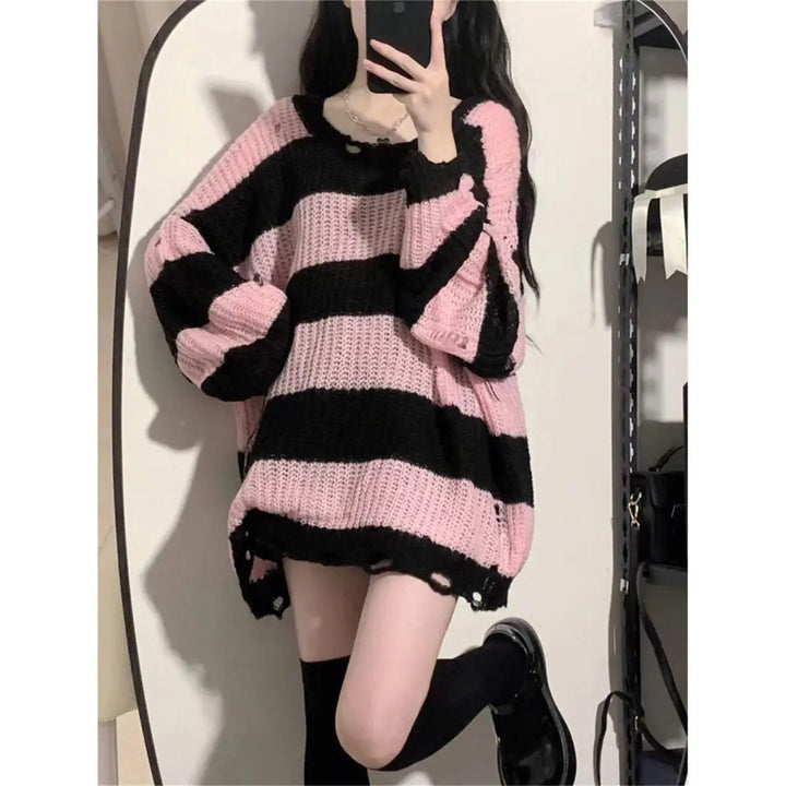 Knitted & Striped Oversized Pullover With Holes