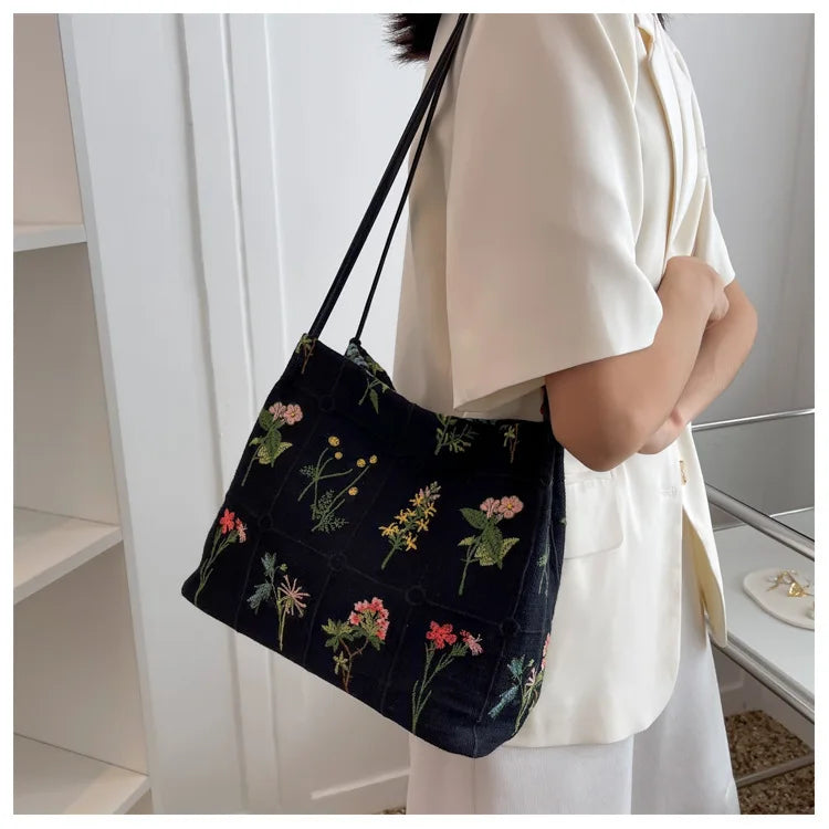 Flower Embroidered Tote Bag