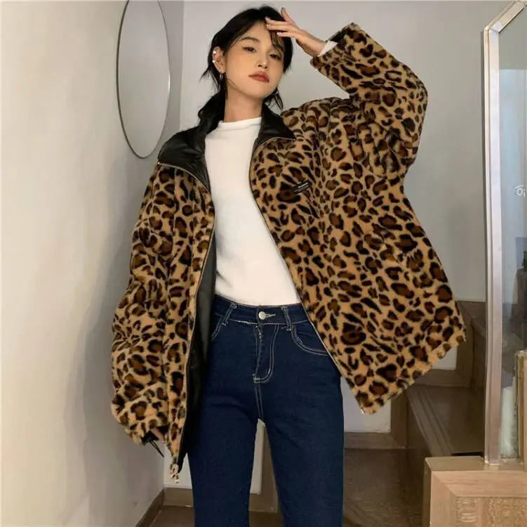 Reversible Long Leather Jacket With Lepard Print