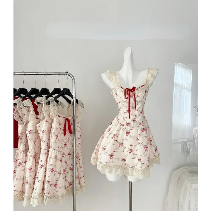 Sweet Floral Dress Set With Cropped Red Cardigan