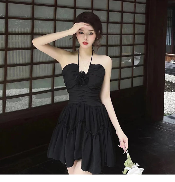 Gothic-Style Backless Short Dress With Bust Application