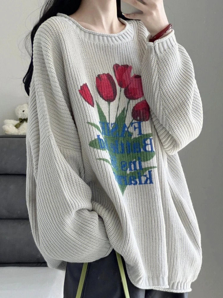 Loose-Fitting Knitted Sweater With Retro Floral Print