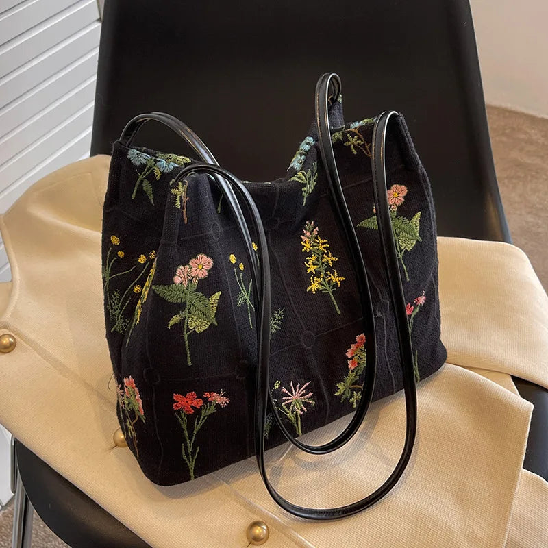 Flower Embroidered Tote Bag