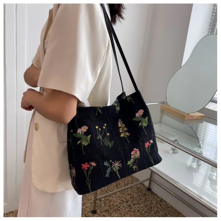 Flower Embroidered Tote Bag