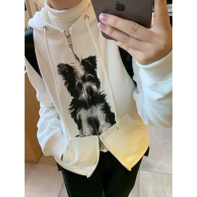 Kawaii Dog Print Zip Up Hoodie