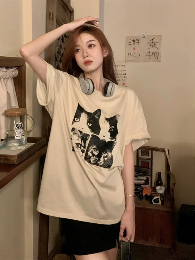 Oversized Cat Print T-Shirt