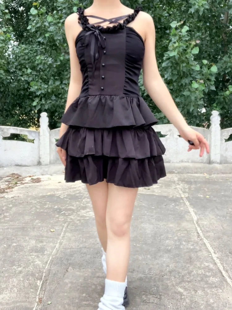 Gothic Style Midi Dress With Ruffles