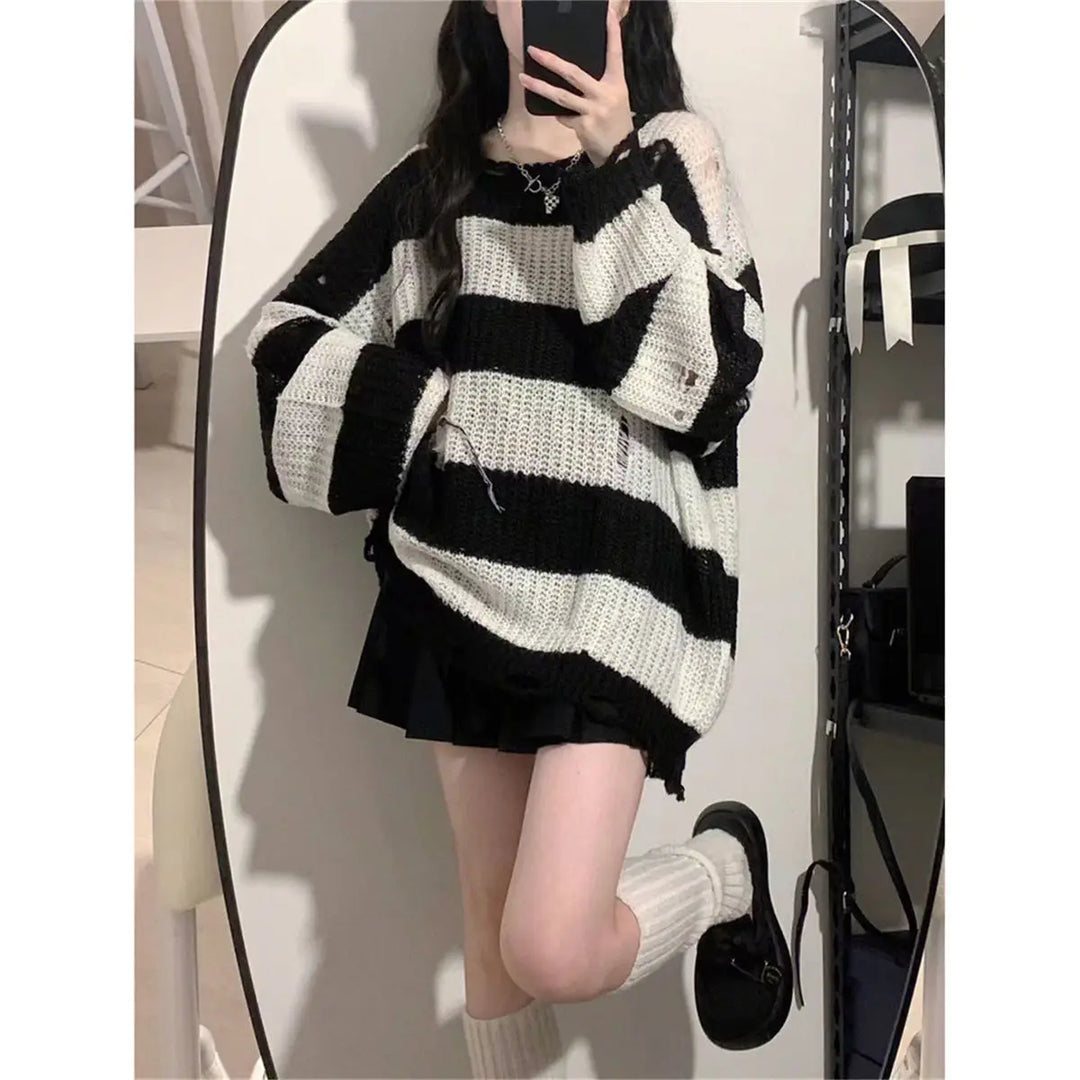 Knitted & Striped Oversized Pullover With Holes