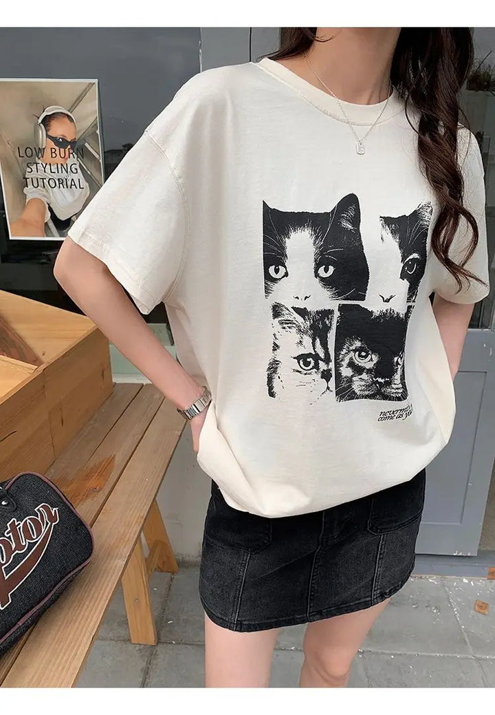 Oversized Cat Print T-Shirt