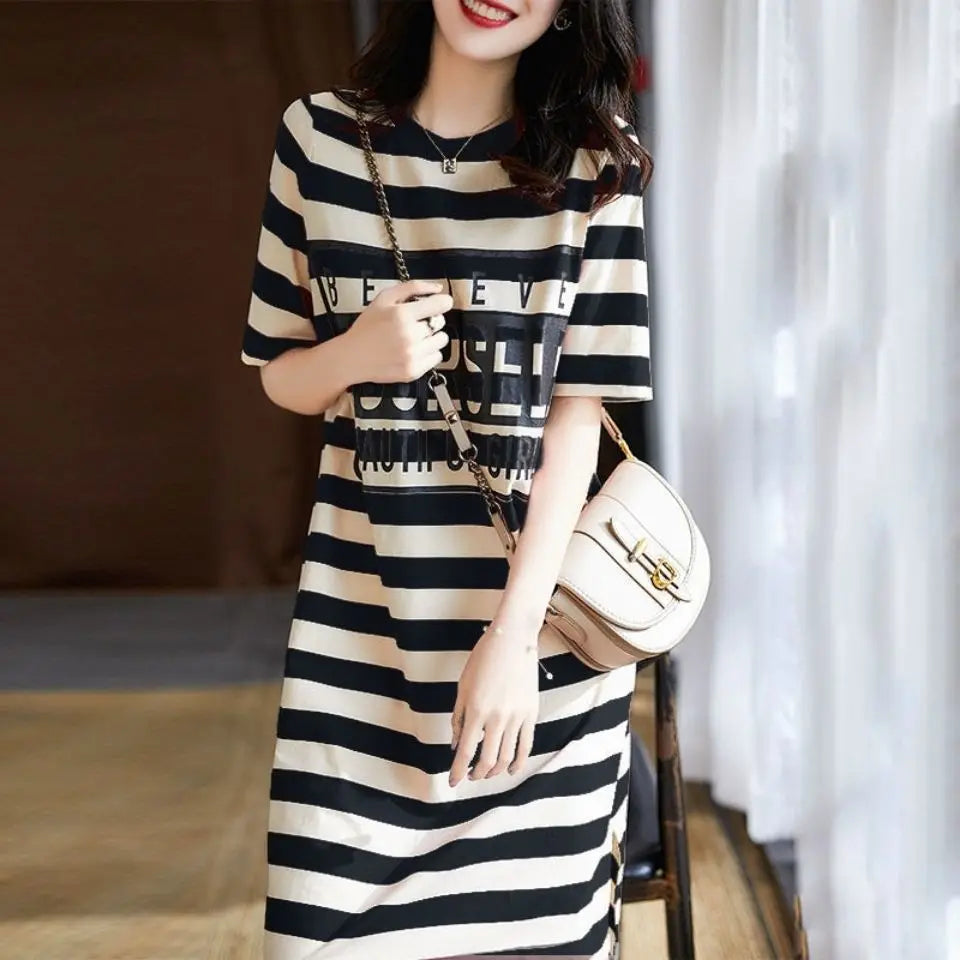 Striped Short-Sleeved Midi Dress