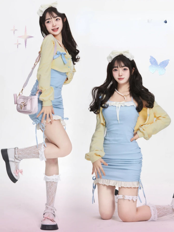 Kawaii Two-piece Set: Strap Dress + Elegant Cardigan