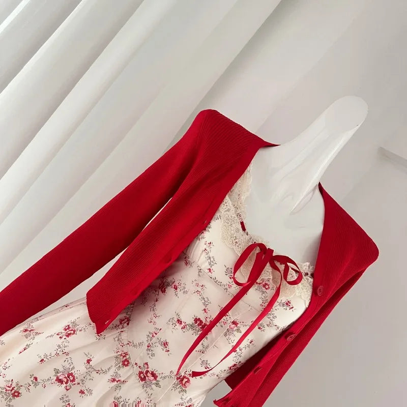 Sweet Floral Dress Set With Cropped Red Cardigan