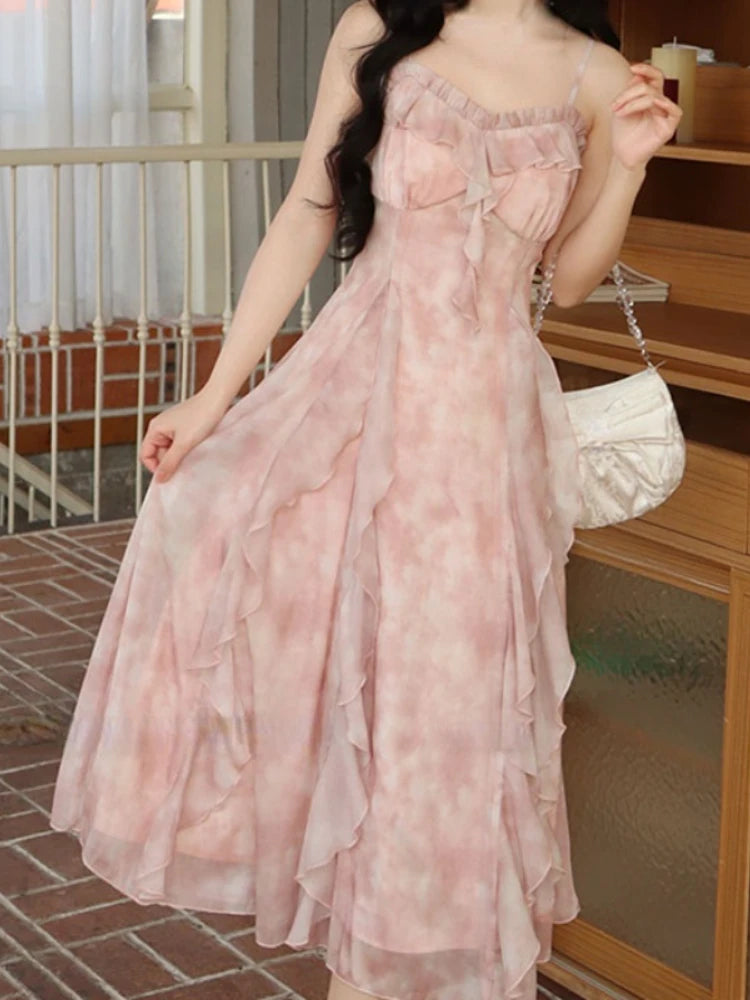 Fairy-Like Floral Long Dress With Spaghetti Straps