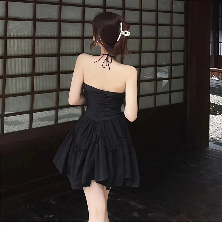 Gothic-Style Backless Short Dress With Bust Application