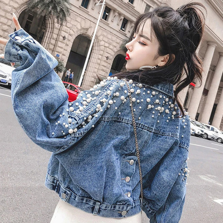 Cropped Denim Jacket With Decorative Pearls