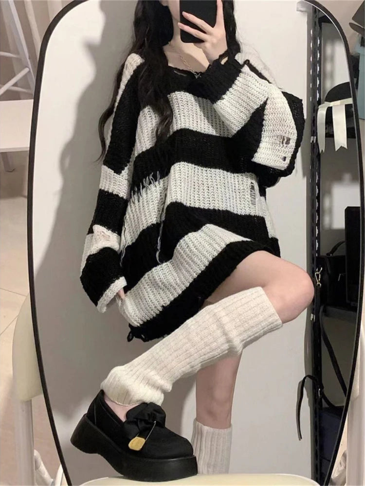 Knitted & Striped Oversized Pullover With Holes