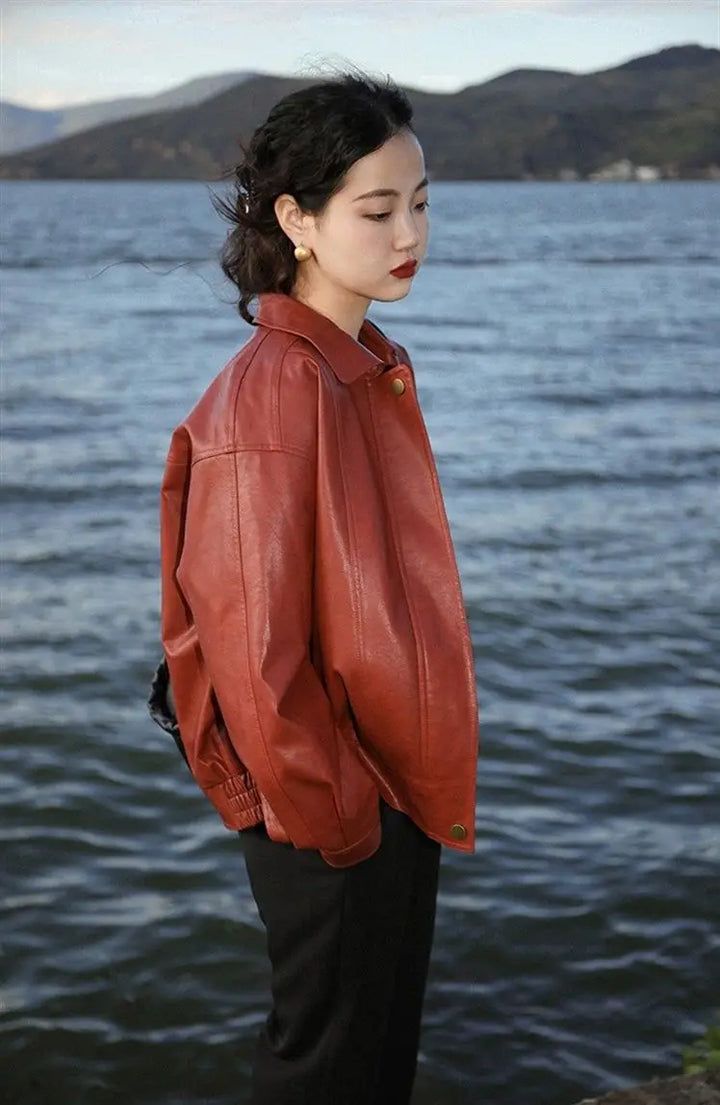 Red Faux Leather Jacket With Zipper