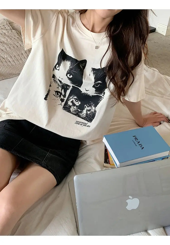 Oversized Cat Print T-Shirt