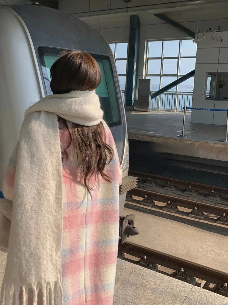 Cozy And Long Woollen Rainbow Colored Coat