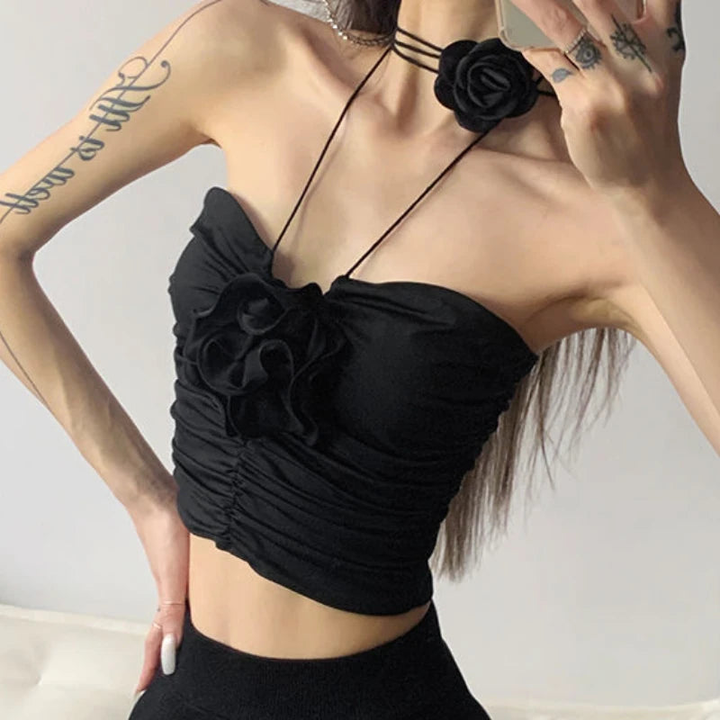 Black Gothic-Style Top With Roses-Applications