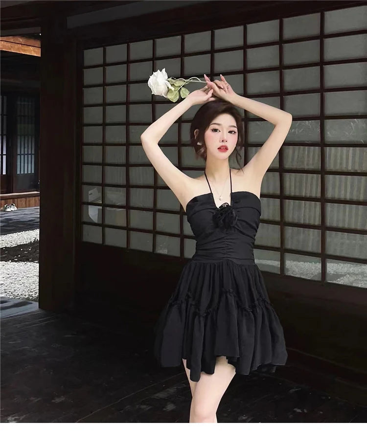 Gothic-Style Backless Short Dress With Bust Application