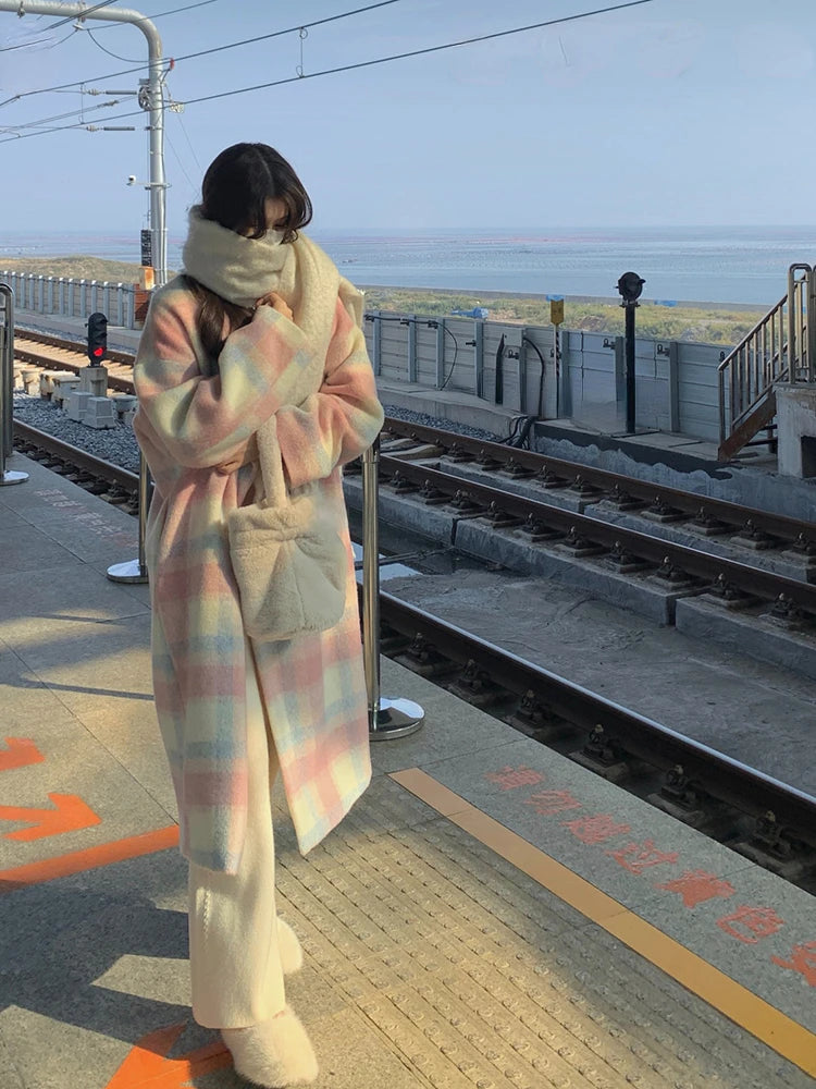 Cozy And Long Woollen Rainbow Colored Coat