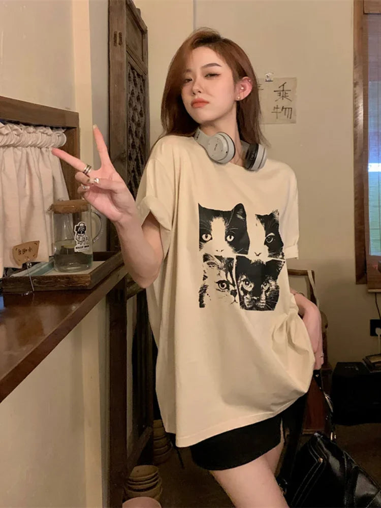 Oversized Cat Print T-Shirt