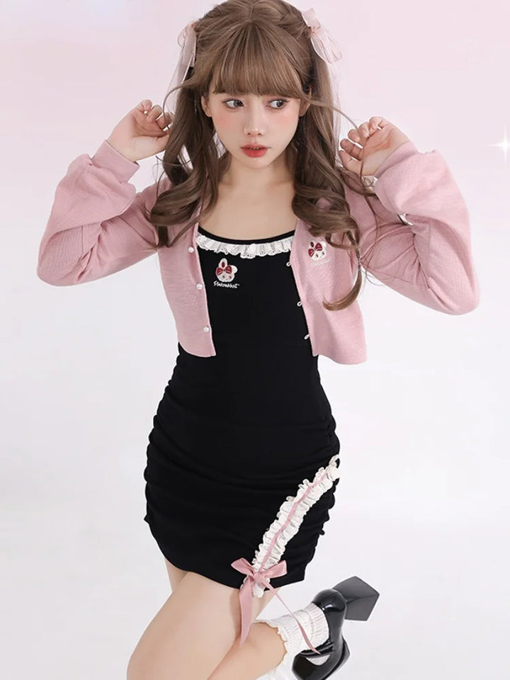 Kawaii Style Two Piece Set: Cute Cardigan + Ruched Lace Dress