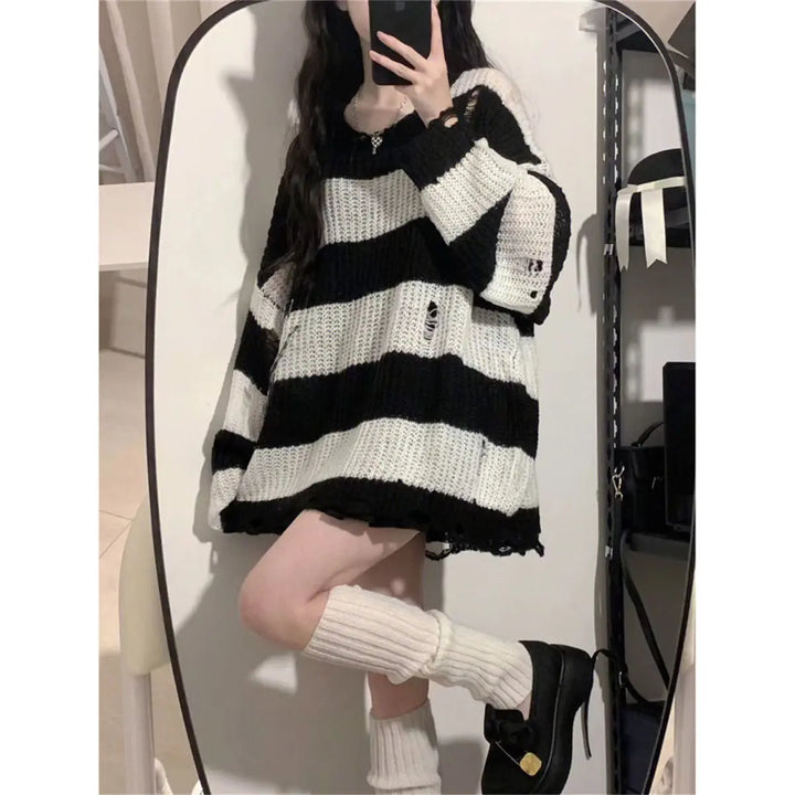 Knitted & Striped Oversized Pullover With Holes