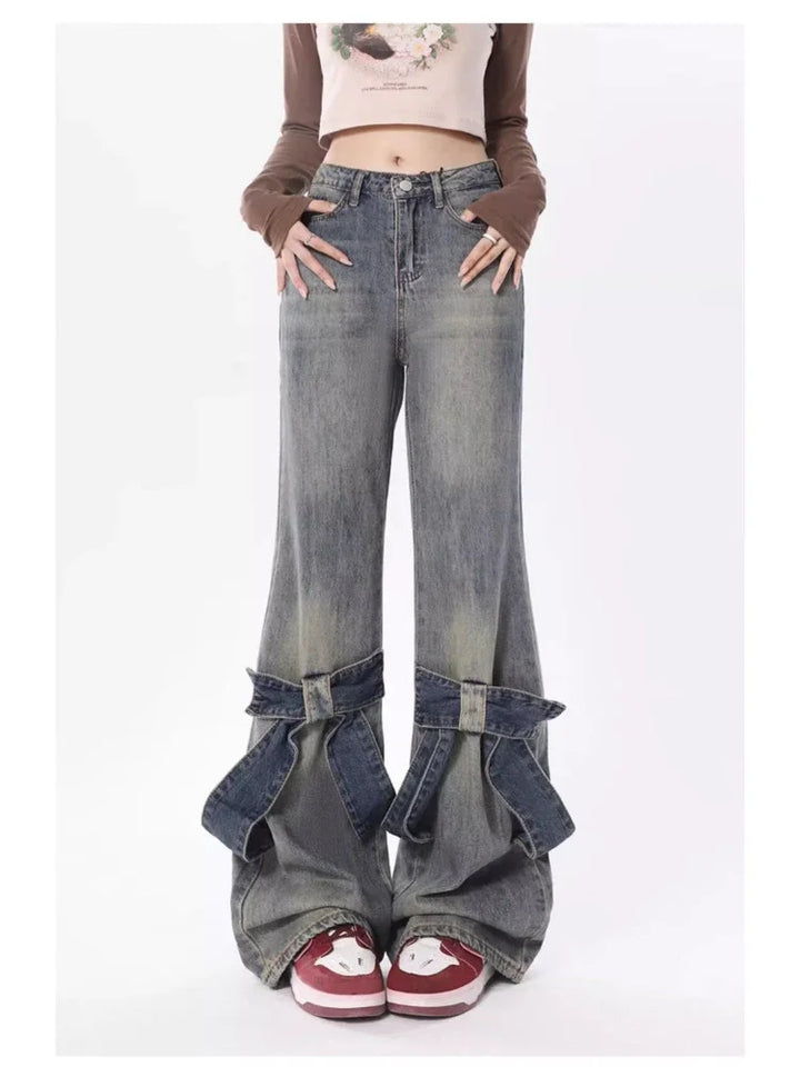 Y2K Style Wide-Leg Jeans With Ribbon Applications