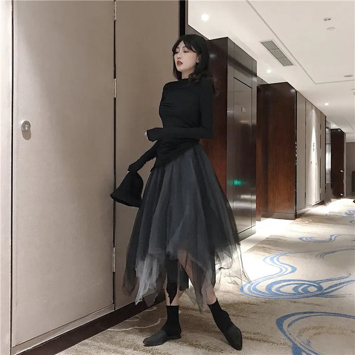 Black Asymmetrical Mesh Skirt