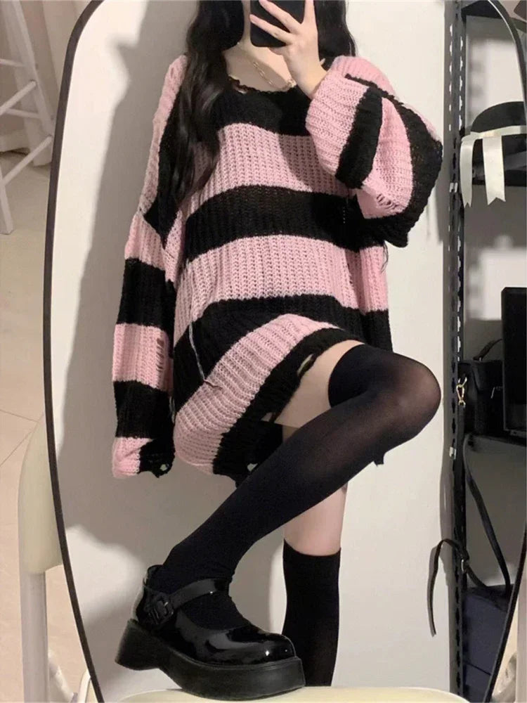 Knitted & Striped Oversized Pullover With Holes