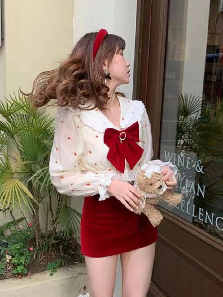 Kawaii Polka Dot Blouse With Sailor Collar And Red Bow