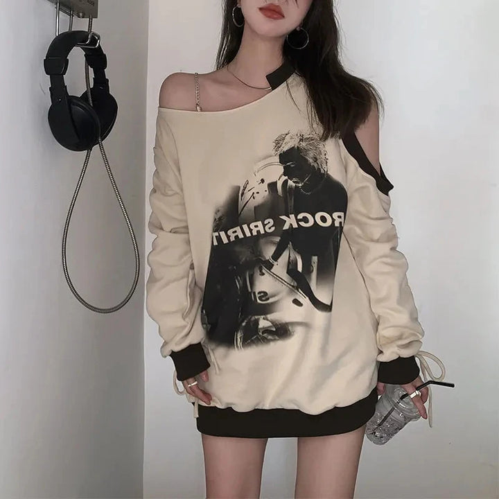 Off-Shoulder Adjustable Graphic-Pullover