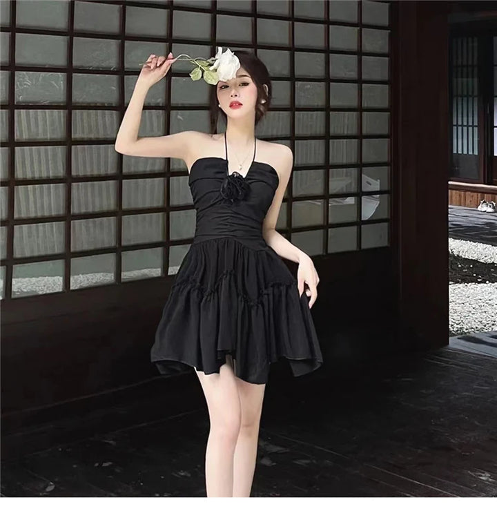 Gothic-Style Backless Short Dress With Bust Application