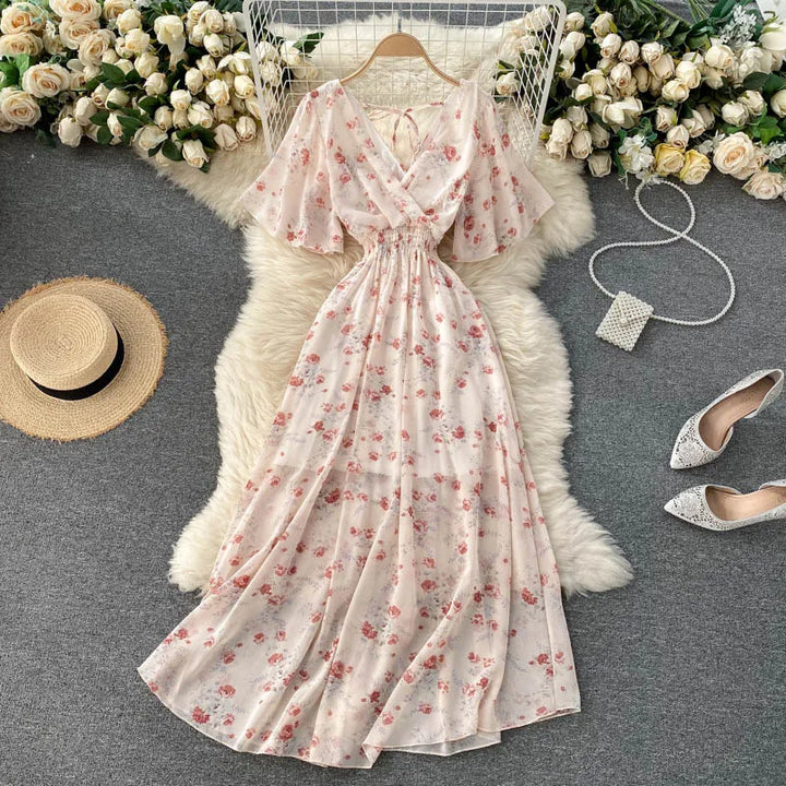 Elegant Ruffled Midi Dress With Floral Print