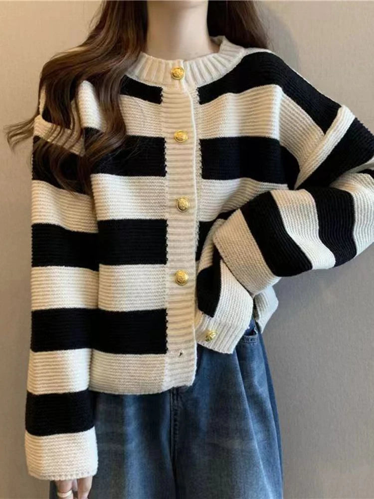 Knitted Striped Cardigan With Buttons