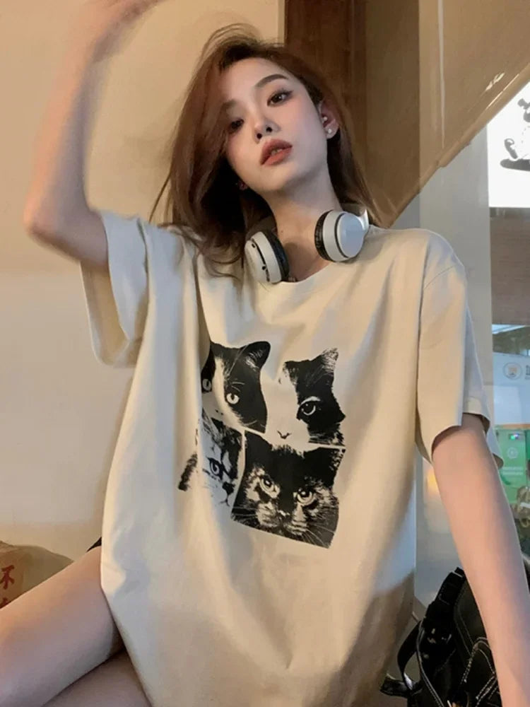 Oversized Cat Print T-Shirt