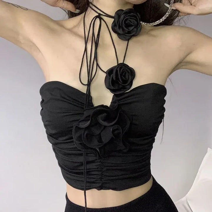 Black Gothic-Style Top With Roses-Applications