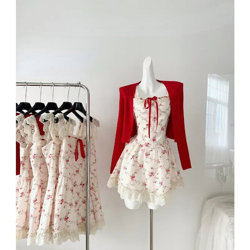 Sweet Floral Dress Set With Cropped Red Cardigan