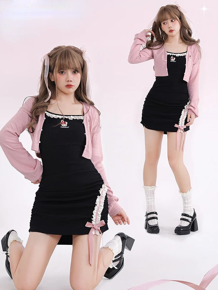 Kawaii Style Two Piece Set: Cute Cardigan + Ruched Lace Dress