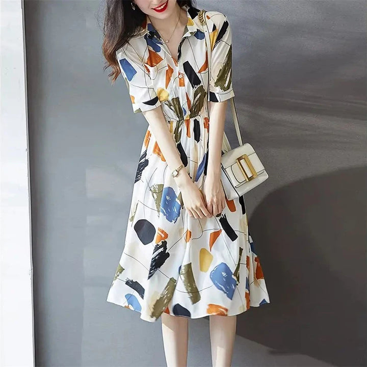 Colorful Printed Midi-Dress With Polo-Neck